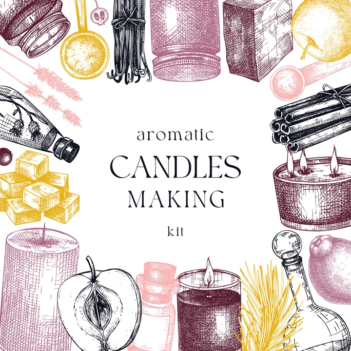 Hand sketched candle-making card design. Vintage candles, herbs, wax, fruits, spices, skewers hand drawings frame. Perfect square template for aromatherapy, hobby, handcrafts, candle making, package